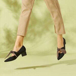 Vivaia Pointed-Toe Block Heel Mary Jane Knit Pumps Houndstooth Bow Size 7.5 EU38